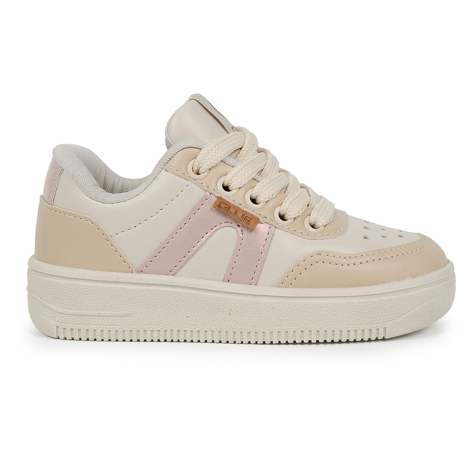 Tênis infantil Ollie Capri-f em tons nude com detalhes em couro sintético e solado branco com ranhuras